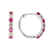 14K White Gold Ruby & Diamond Hoops
